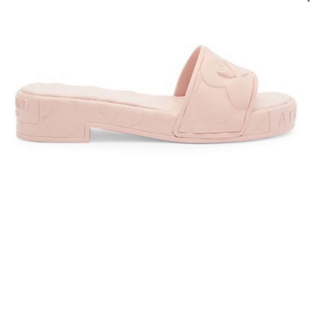 VALENTINO GARAVANI PLATFORM SCULPTED POOLSIDE SLIDES RAISED FLORALS ROSE QUARTZ